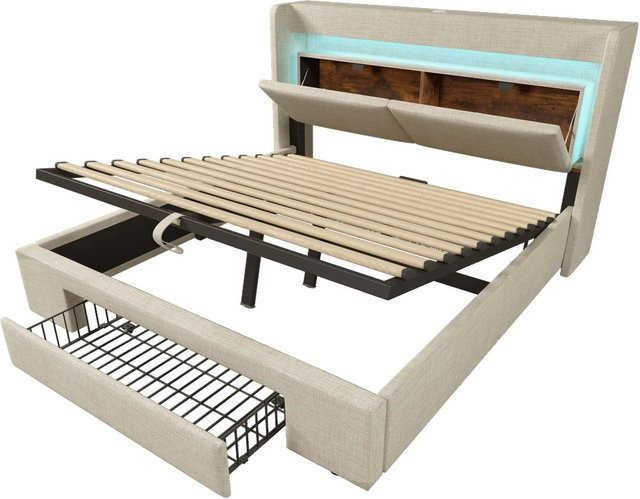 okwish Polsterbett mit hydraulischem Stauraum und USB-Ladeport in Beige, B/T/H: 160 x 200 x 171 cm (ohne Matratze) - Bild 1