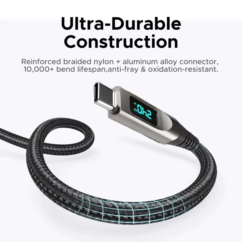 VBVC USB-C Datenkabel mit 240W Schnellladefunktion und Echtzeit-Digitalanzeige in Schwarz für iPhone 15 16 17 Pro Max, Xiaomi und Android-Geräte - Bild 2