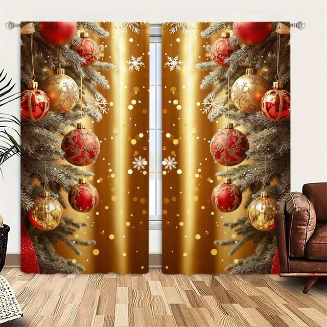 2er-Set Weihnachtskugel Vorhang mit Print, halbtransparent, Gold, B: 132 cm, H: 160 cm - Bild 1