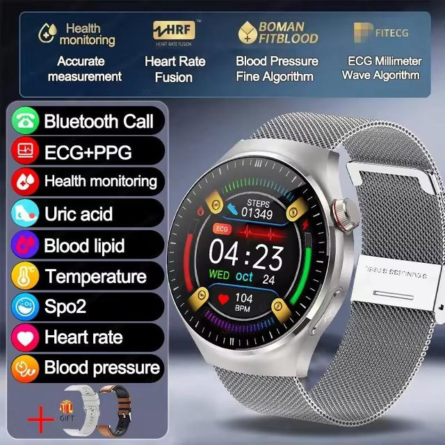Lucky Start Smartwatch mit EKG und PPG zur Körperüberwachung, Herzfrequenzmessung und Telefonfunktion, Silber mit Mesh-Armband, kompatibel mit Android und iOS - Bild 1