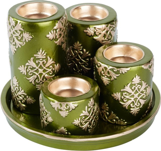 5-teiliges Kerzenteller Set Weihnachtstraum von Viva Domo aus Keramik in Gold, Grün und Silber für Tealights - Bild 1