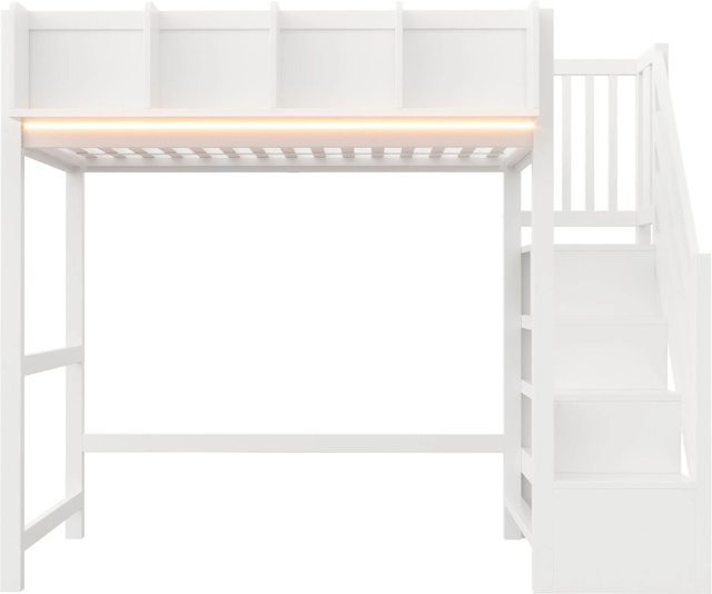 Merax Hochbett für Kinder in Weiß und Grau mit LED-Unterbettbeleuchtung, Stauraum und Leiter, B/T/H: 90 x 200 x 170 cm - Bild 1
