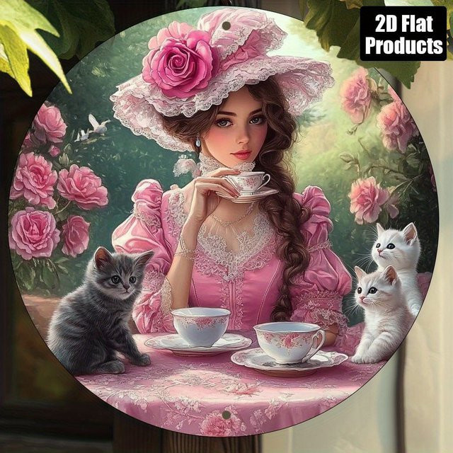 Potdemiel Wandkunst-Dekor im viktorianischen Stil, rundes Aluminiumschild mit Dame in Rosa, Katzen und Blumen, Farbe: Pink/Mehrfarbig, Durchmesser: 20,3 cm - Bild 1