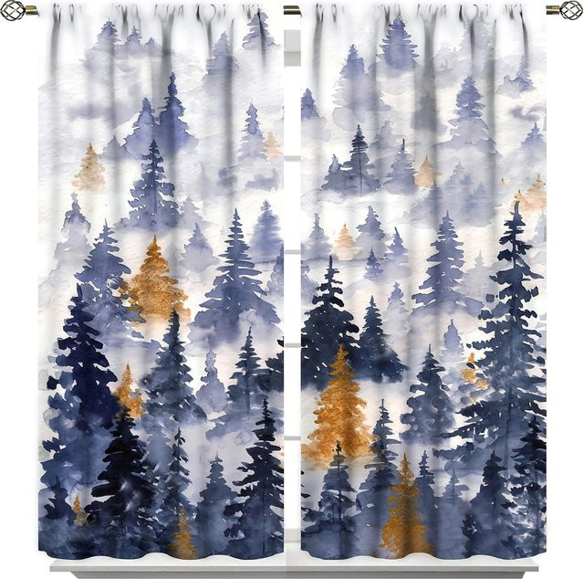 Landhaus Vorhang mit Wildtier-Print Bär Hirsch Fuchs Wolf, 2er-Set halb-verdunkelnd, Blau, B/H: 100 x 130 cm - Bild 1