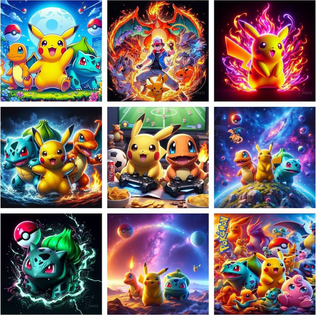 Potdemiel Pikachu Anime Pokemon 5D DIY Diamant Malerei Mosaik Set, Rund, B/H: 20 x 20 cm - Bild 1