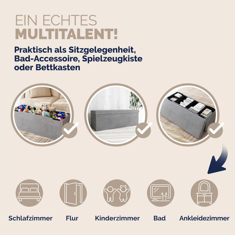 Casaria Sitzbank mit Stauraum in Grau, faltbar, B/T/H: 115 x 38 x 38 cm - Bild 5