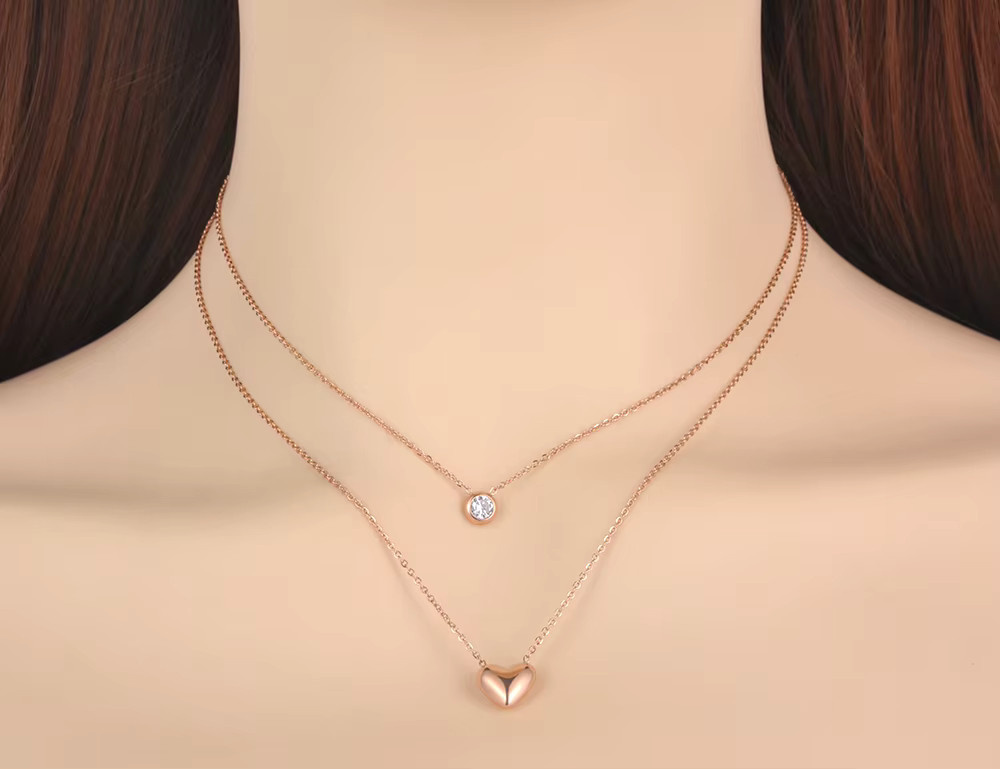 Lokaer Halskette Doppel Schicht Herz Anhänger, Edelstahl, Roségold, Kristall, Damen - Bild 2