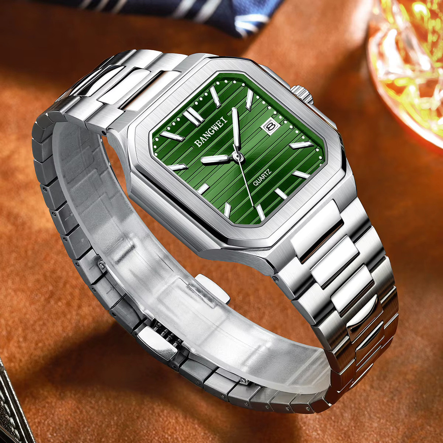 BANGWEI Armbanduhr, Quarz, Edelstahl, Grün, Herren, Eckig - Bild 5