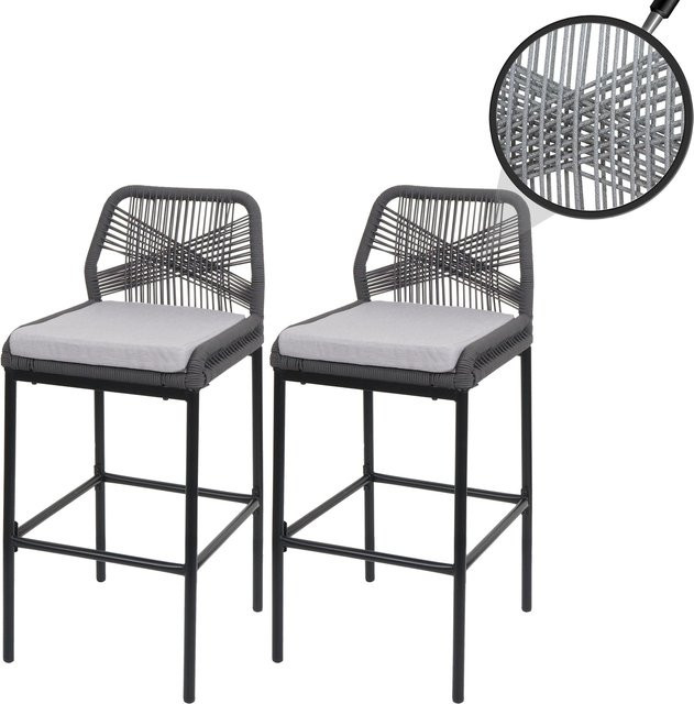 2er-Set MCW Rope-Barhocker O21 aus Metall mit Seilgeflecht in Anthrazit und hellgrauen Sitzkissen B/T/H: 52 x 45 x 101 cm - Bild 1