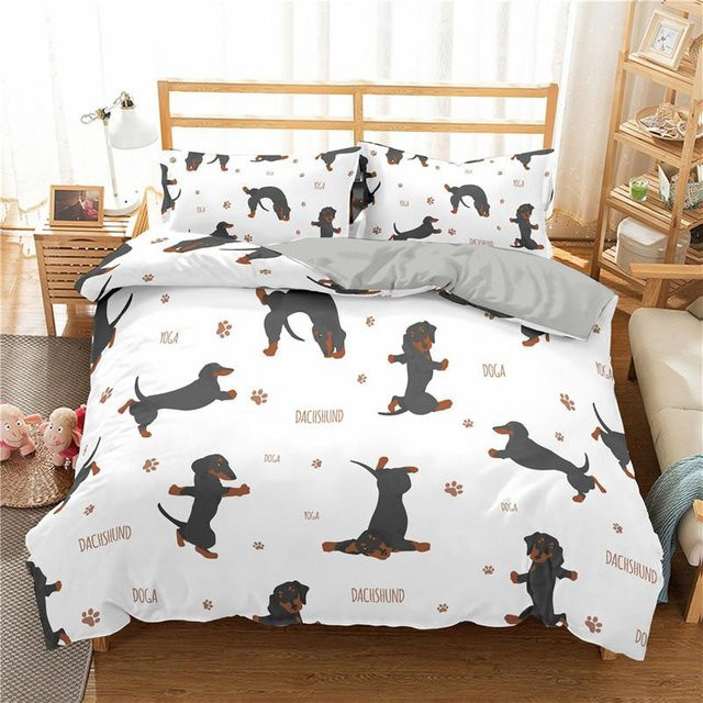 Binchi Bettwäsche Set mit Cartoon Dackel Muster, 3-teilig, Weiß, B/H: 150 x 200 cm - Bild 1