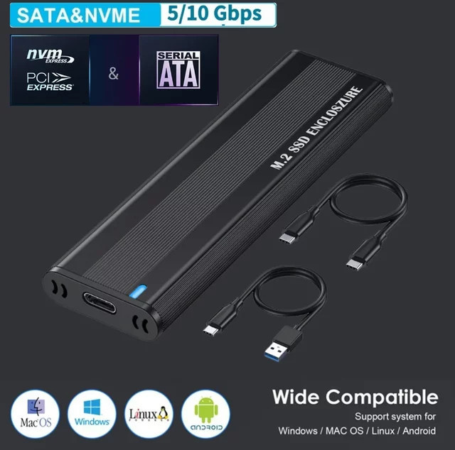 ALLOYSEED Dual-Protokoll M.2 NVMe SSD-Gehäuse, 10Gbps externes Festplattengehäuse für 2230/2242/2260/2280 SSDs, Schwarz - Bild 1