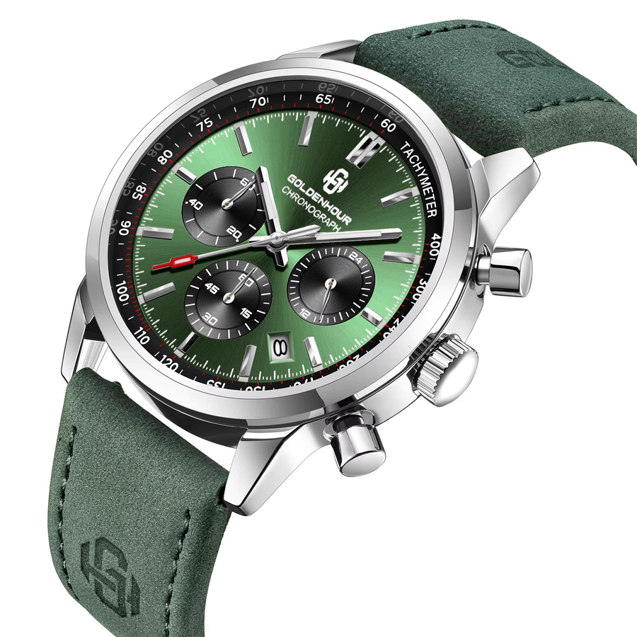 GOLDENHOUR Chronograph, Herren, Grün, Quarz, Leder, wasserdicht - Bild 6