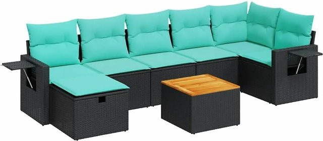 vidaXL 8-tlg. Garten-Sofagarnitur in L-Form aus schwarzem Poly-Rattan mit Kissen und pulverbeschichtetem Stahlgestell - Bild 1