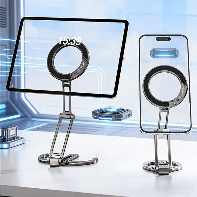 QGhappy Magnetischer Handyhalter für MagSafe Desktop, verstellbarer und zusammenklappbarer Metallständer für iPhone 17, 16, 15 Pro und Samsung, Farbe: Silber/Grau - Bild 1