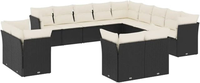 vidaXL 13-tlg. Garten-Sofagarnitur in U-Form aus Poly-Rattan mit Kissen in Schwarz und Cremeweiß - Bild 1