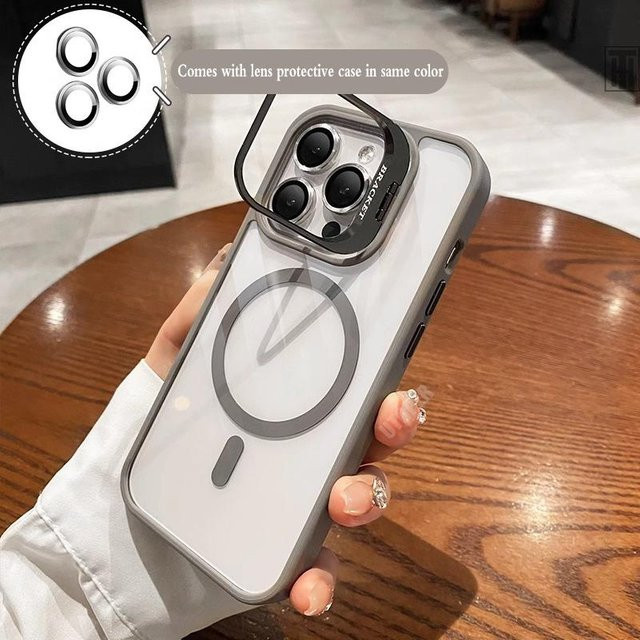 Transparente MagSafe Magnetische iPhone Hülle mit Halter und Glaslinsenschutz für Apple iPhone 15 14 13 12 11 Pro Max Plus in Grau - Bild 1