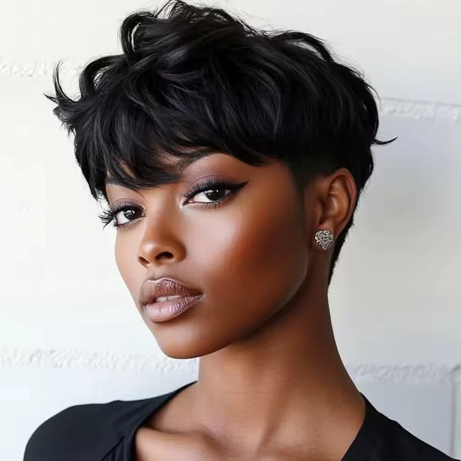 OYM HAIR Pixie-Cut-Perücke für Damen, Schwarz, Echthaar mit Pony - Bild 2
