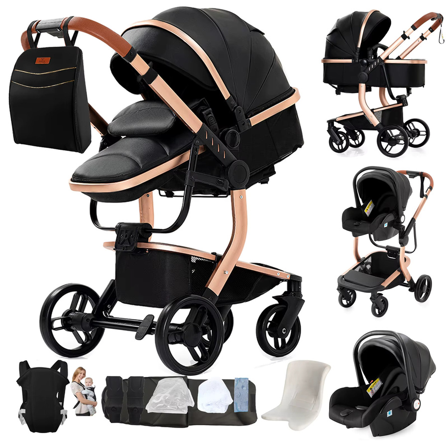 Prokoke 3-in-1 Kinderwagen Reisesystem mit Babykorb in Schwarz aus PU-Leder - Bild 9