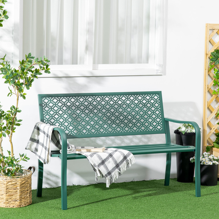 Outsunny Gartenbank aus Stahl mit Blumenmuster und Armlehnen, Dunkelgrün, B/T/H: 127 x 63 x 83 cm - Bild 2