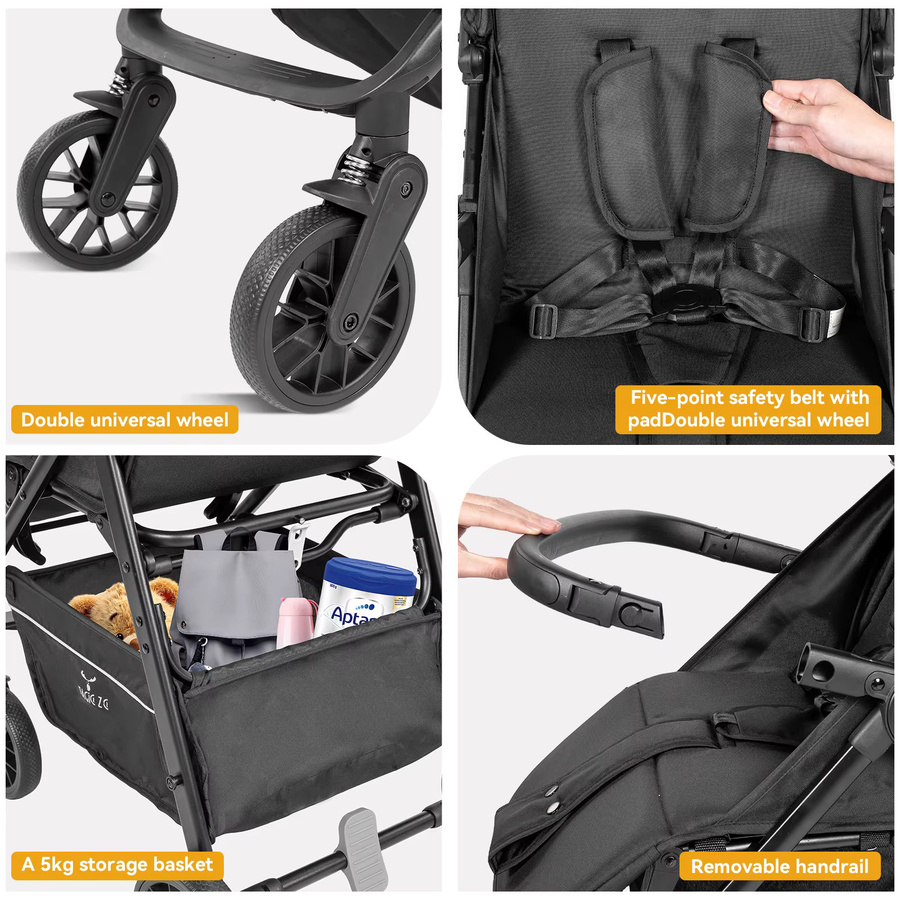 Magic ZC Reisebuggy Faltbarer Kinderwagen in Schwarz für Neugeborene und Kleinkinder mit Stoßdämpfer und drehbaren Vorderrädern - Bild 5