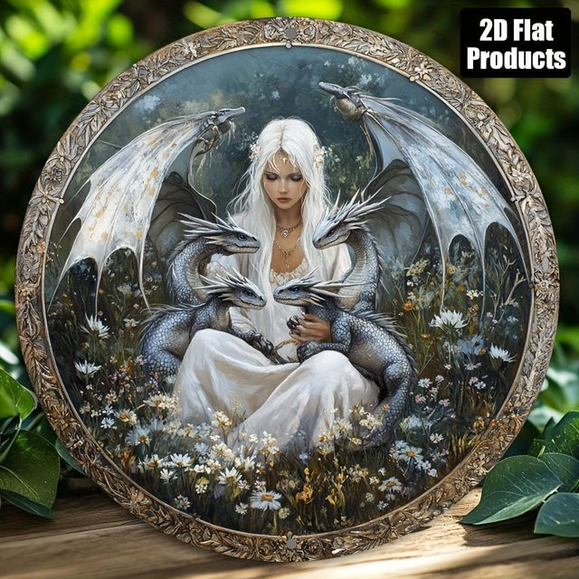 Potdemiel Vintage-Wandkunst aus Metall mit Drachenmädchen-Design, rundes Aluminiumschild in Multicolour, Durchmesser: 20,3 cm - Bild 1