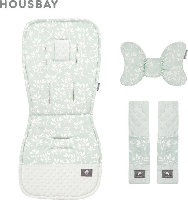 HOUSBAY 3-teiliges Kinderwagen Zubehör Set aus weicher Baumwolle in Grün mit Kissen, Kopfkissen und Sicherheitsgurt-Abdeckung für universelle Verwendung - Bild 1