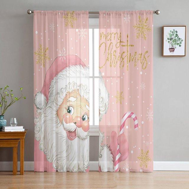 Weihnachtliche Tüllvorhänge von Your Warm Home in Rosa mit Weihnachtsmann- und Schneeflocken-Motiv, Breite: 135 cm, Höhe: 114 cm - Bild 1
