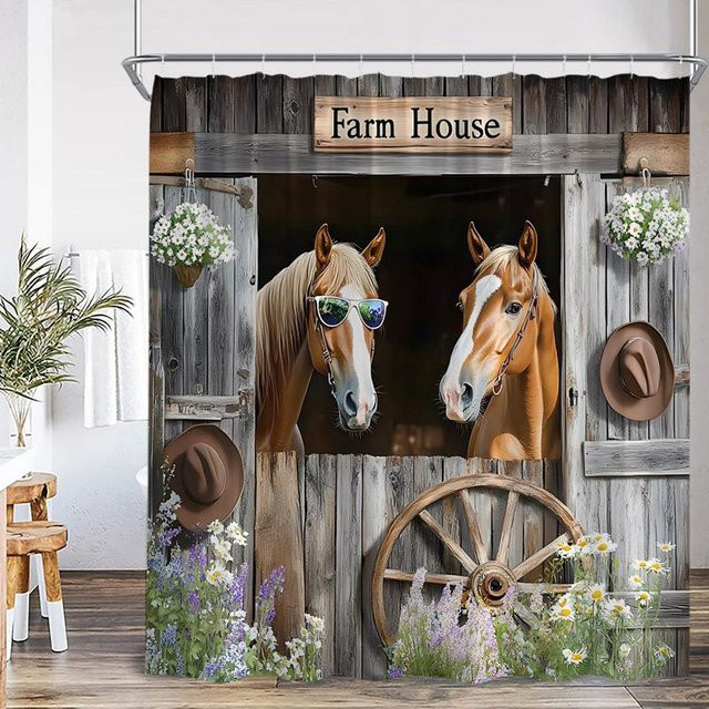Western Scheune Duschvorhang mit Pferd, Sonnenblumen und Lavendel im Floral Bauernhaus Design, Mehrfarbig, Breite: 90 cm, Höhe: 180 cm - Bild 1