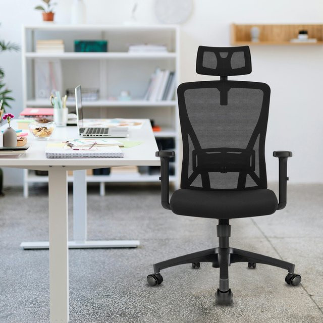 Durrafy Ergonomischer Bürostuhl in Schwarz mit Lordosenstütze und Kopfstütze, moderner Drehstuhl aus Stoff - Bild 1