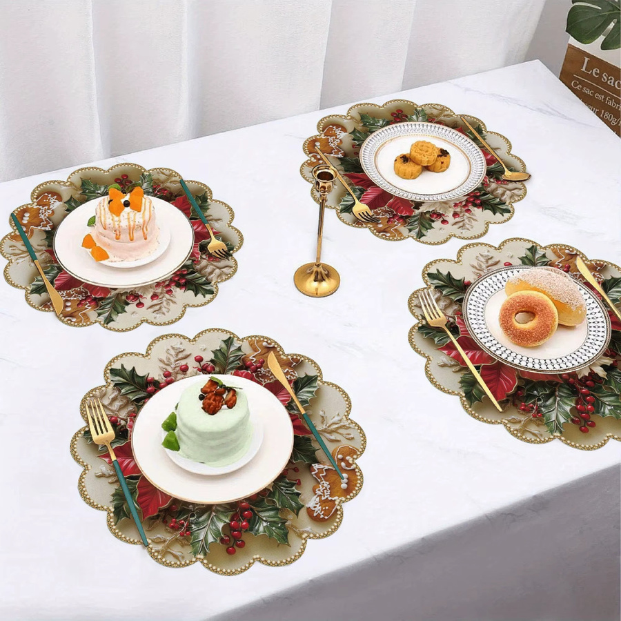 VIKAMA 4-teiliges Weihnachtsset aus Leinen mit floralem Design in Rot und Weiß für den Tisch - Bild 3