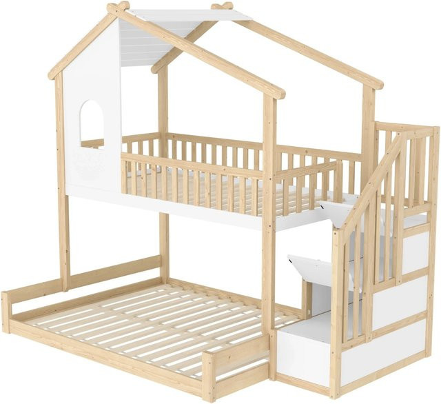 okwish Etagenbett für Kinderzimmer mit Stauraumleiter und Seitenfächern in Natur und Weiß, B/T/H: 200 x 140 x 208 cm - Bild 1
