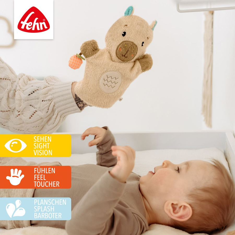 Fehn 2-tlg. Bade-Set für Babys mit Kapuzenbadetuch und Waschhandschuh, Capybara, Beige - Bild 3