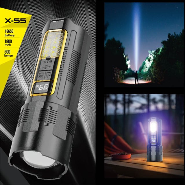 ESMARTER Taktische LED Taschenlampe aus Aluminium in Schwarz mit Digitalanzeige, Zoomfunktion und Seitenlichtern, wiederaufladbar - Bild 1