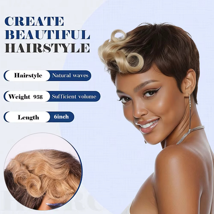 OYM HAIR Perücke, braun blonde lockige Pixie-Perücke, Echthaar, Damen - Bild 4