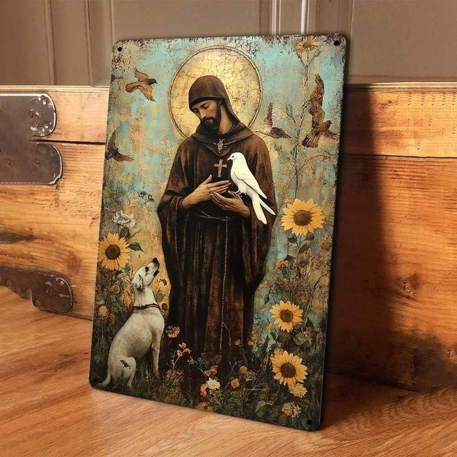 HELLOYOUNG Metallwandschild Saint Francis and Animals aus Aluminium, rustikales christliches Kunstdekor, B/H: 30 x 20 cm - Bild 1