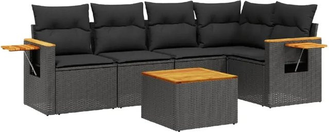 vidaXL 6-teilige Garten-Sofagarnitur aus Poly-Rattan und Akazienholz in Schwarz mit Kissen - Bild 1