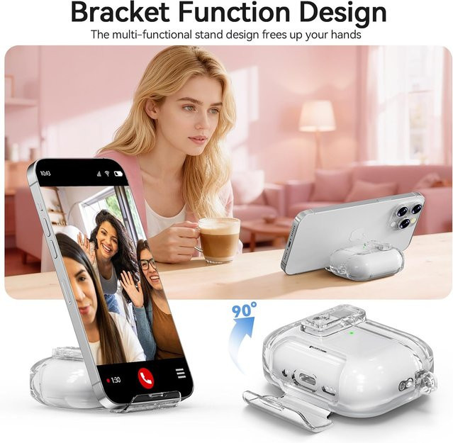 Transparente Schutzhülle für Apple AirPods Pro 3 (2025) mit sicherem Verschluss und integriertem Telefonständer - Bild 1