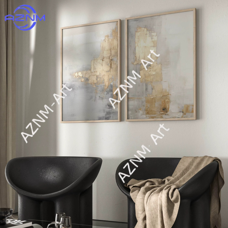 AZNM Minimalistische Abstrakte Wandkunst Set aus 2 Drucken in Gold und Grau - Bild 2