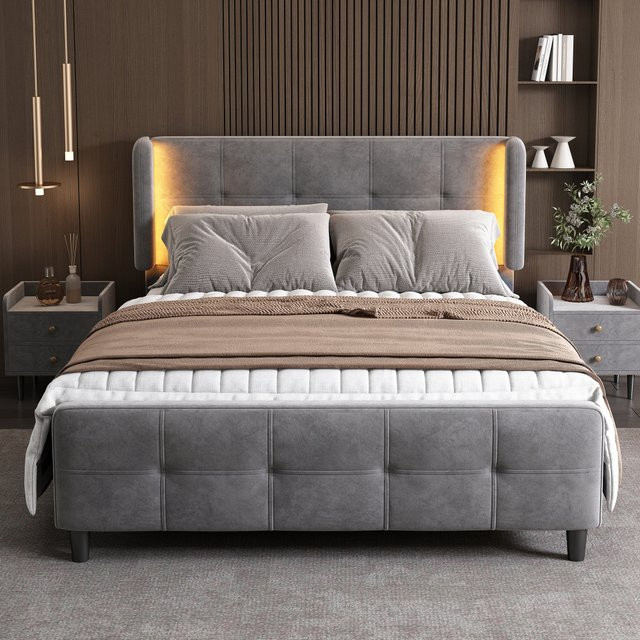 Luxuriöses Doppelbett mit Samtpolsterung in Grau inklusive RGB 16-Farben Smart-LED-Unterbettbeleuchtung und verstellbarem Kopfteil, B/T/H: 140 x 200 cm - Bild 1