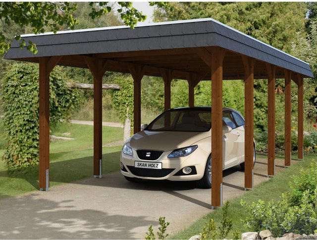 Holz Carport Spreewald von SKANHOLZ in Nussbaum mit schwarzer Blende, B/T: 345 x 741 cm, Höhe: 241 cm - Bild 1