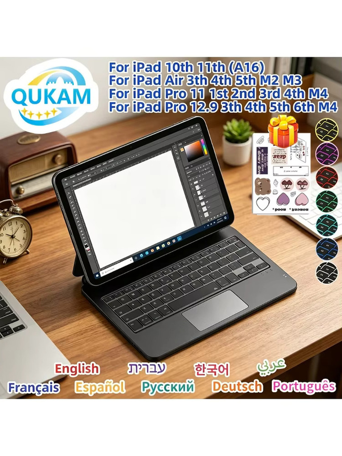 Qukam Magnetische schwebende Tastaturhülle mit Hintergrundbeleuchtung und Trackpad für iPad 11 A16, 10 Air 4 5 6 und Pro 11 13 M4 12.9 in Schwarz oder Weiß - Bild 7