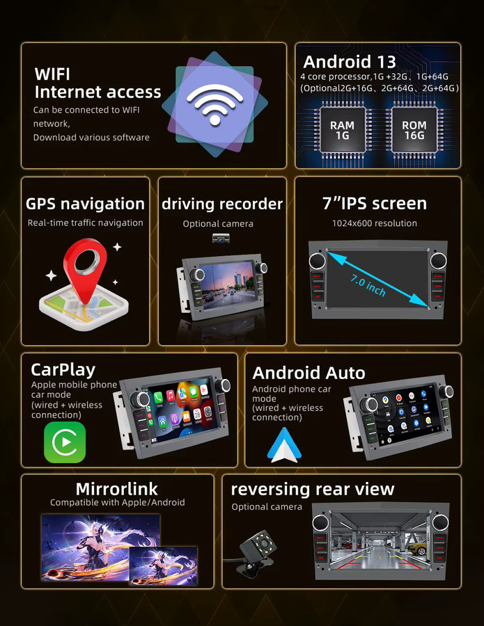 BQCC 7-Zoll Android 13 Octa Core Autoradio mit Carplay, Mirrorlink, Wifi, GPS und 4G für Opel Astra H J und Vectra in Schwarz - Bild 2
