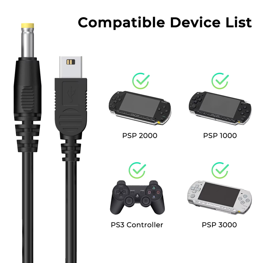 2 in 1 USB Ladekabel und Datenkabel für Sony PSP 1000 2000 3000 und PS3 Controller, Schwarz, Länge: 1,2 m - Bild 2