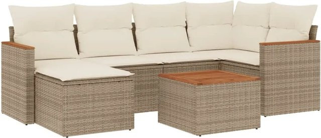 vidaXL 7-teilige Garten-Sofagarnitur aus Poly-Rattan und Akazienholz in Beige-Creme mit Kissen - Bild 1