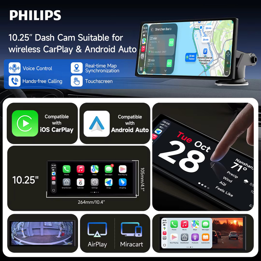 Philips Smart Dashcam mit 10,25 Zoll Display, kompatibel mit Wireless CarPlay und Android Auto, Schwarz, mit Schleifenaufnahme und eingebautem Lautsprecher - Bild 3