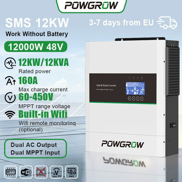 POWGROW 12KW Hybrider Solar Inverter mit Dual Input, 6000W Doppel-Output, 160A Solar Charger, 220V/48V, Max PV Eingang 500V, mit BMS und WIFI, Weiß - Bild 1