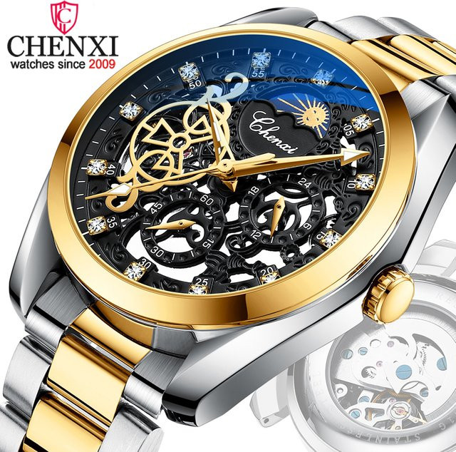 CHENXI Armbanduhr, Automatik, Mondphase, Edelstahl, Schwarz, Herren - Bild 1