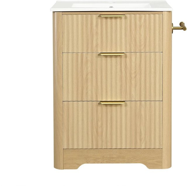 Merax Waschtischunterschrank mit Keramik Waschbecken in Braun und Holzoptik, B/T/H: 61 x 35 x 47 cm - Bild 1