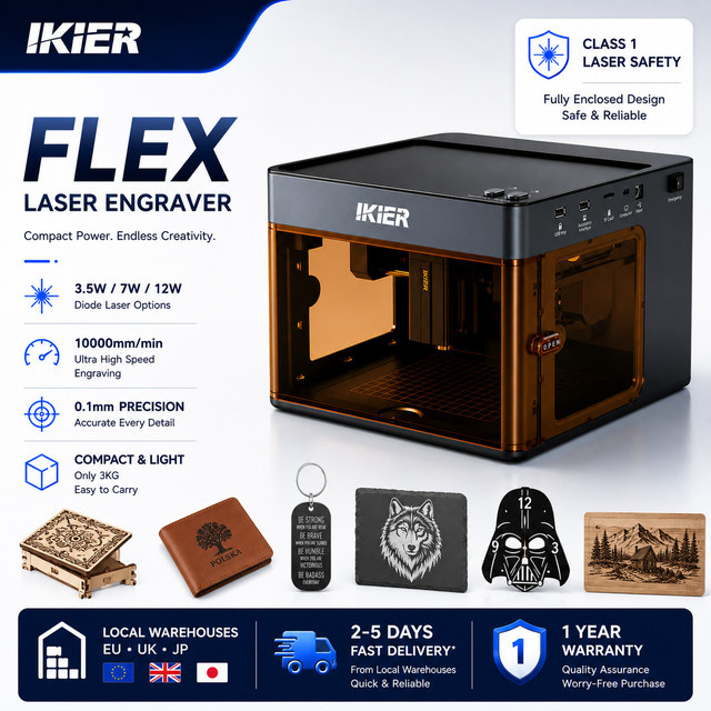 IKier Flex Doppellaser-Graviergerät Klasse 1 Geschlossene Graviermaschine in Schwarz mit 3,5W/7W/12W Diodenlaser und optional 1,2W IR-Laser für Holz, Metall und Acryl - Bild 1