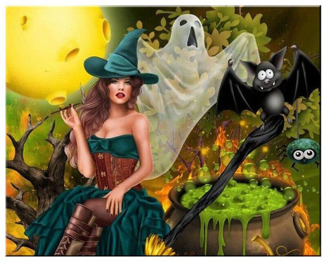 FIYO Diamantmalerei Halloween Motiv mit Hexe und Katze als Mosaik-Stickerei in Mehrfarbig, B/H: 20 x 30 cm - Bild 1
